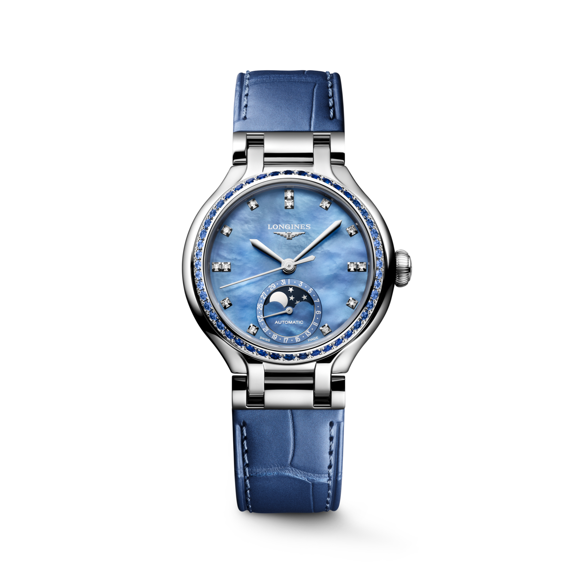 Longines PrimaLuna Moonphase 34mm Blue Mother of Pearl Dial Women's Watch L81260972