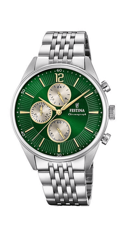 Festina Timeless Chronograph 41.5mm Green Dial Steel Men's Watch F20285/9