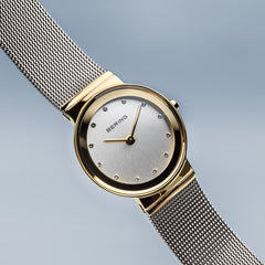 BERING Classic 26mm Polished Gold Case Mesh Band Women's Watch 10126-001