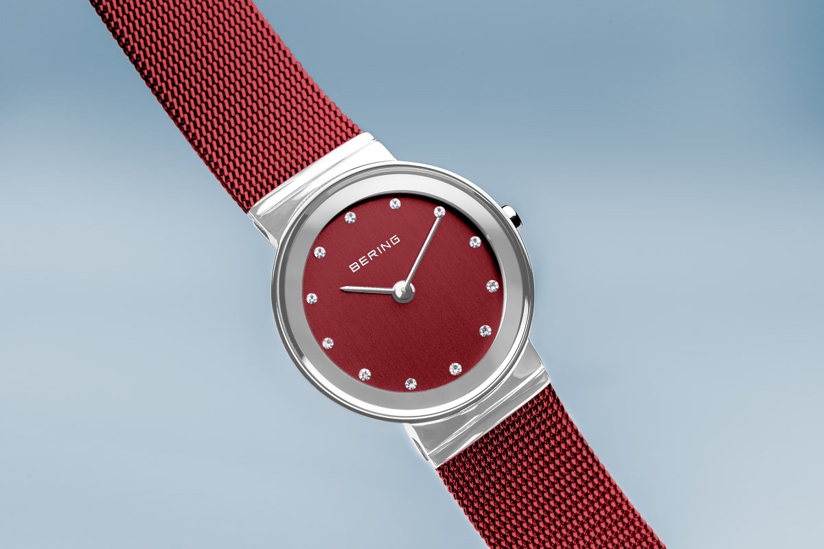 BERING Classic 26mm Polished Silver Milanese Strap Red Women's Watch 10126-303