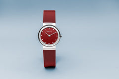 BERING Classic 26mm Polished Silver Milanese Strap Red Women's Watch 10126-303