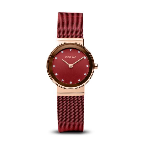 BERING Classic 26mm Polished Rose Gold Milanese Strap Red Women's Watch 10126-363