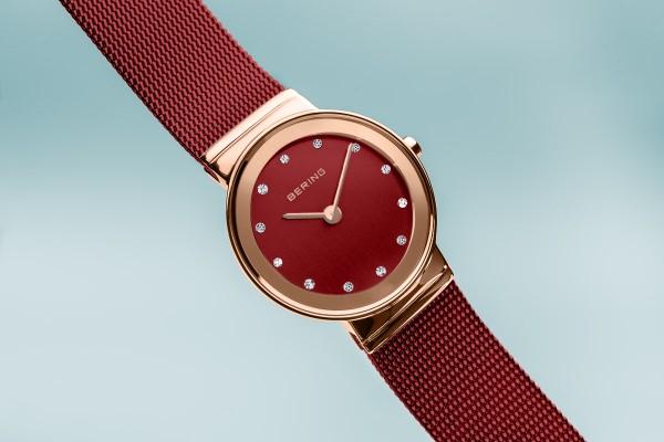 BERING Classic 26mm Polished Rose Gold Milanese Strap Red Women's Watch 10126-363