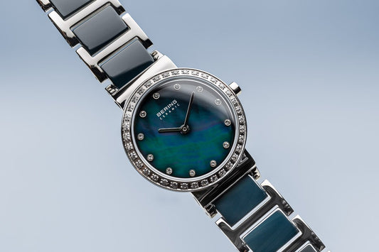 BERING Ceramic 29mm Polished Silver Blue Dial Crystal Bezel Women's Watch 10729-707