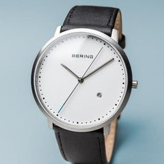 BERING Classic 39mm Black Leather Strap Men's Watch 11139-404