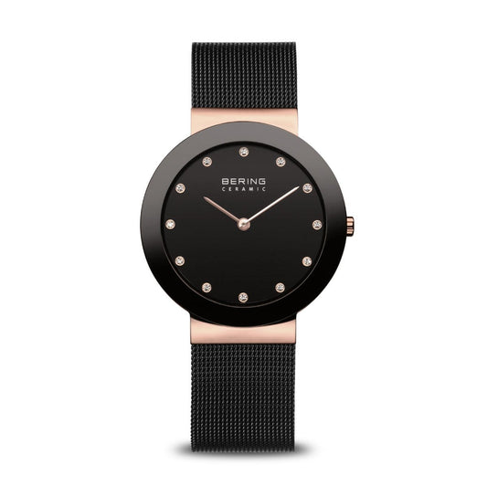 BERING Ceramic 35mm Polished Rose Gold Case Black Mesh Band Women's Watch 11435-166