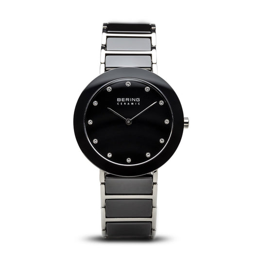 BERING Ceramic 35mm Polished Silver Case Black Dial Crystal Markers Women's Watch 11435-749