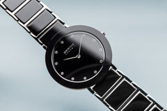 BERING Ceramic 35mm Polished Silver Case Black Dial Crystal Markers Women's Watch 11435-749