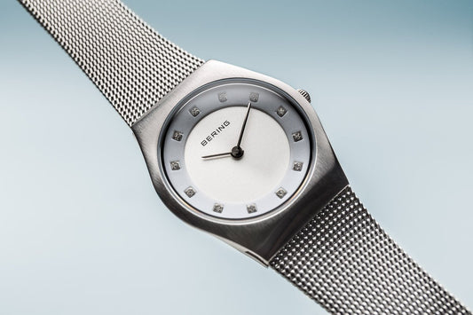 BERING Classic 27mm Brushed Silver Swarovski Dial Markers Mesh Band Women's Watch 11927-000