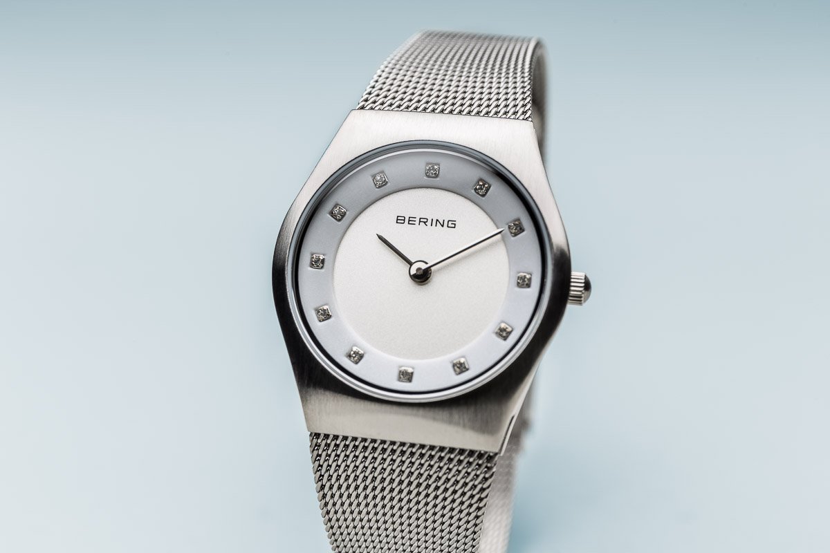 BERING Classic 27mm Brushed Silver Swarovski Dial Markers Mesh Band Women's Watch 11927-000