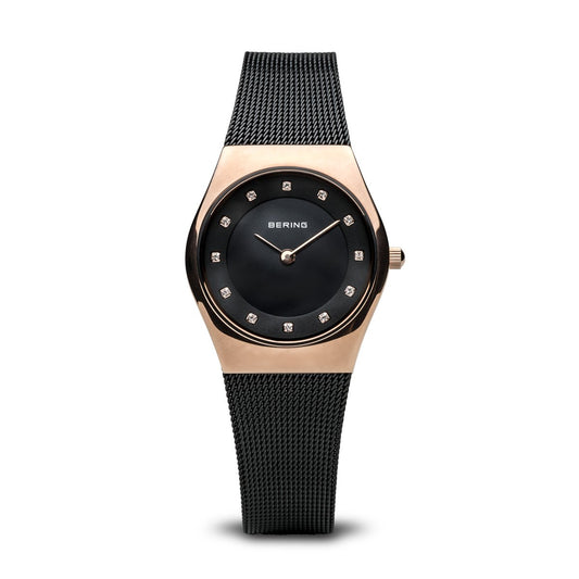 BERING Classic 27mm Polished Rose Gold Case Black Mesh Band Women's Watch 11927-166
