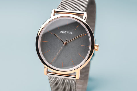 BERING Classic 36mm Polished Rose Gold Grey Mesh Strap Unisex Watch 13436-369