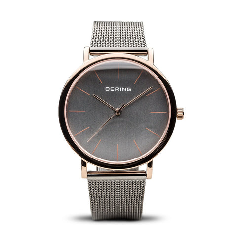 BERING Classic 36mm Polished Rose Gold Grey Mesh Strap Unisex Watch 13436-369