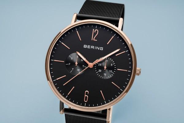 BERING Classic 40mm Polished Rose Gold Milanese Strap Black Men's Watch 14240-163