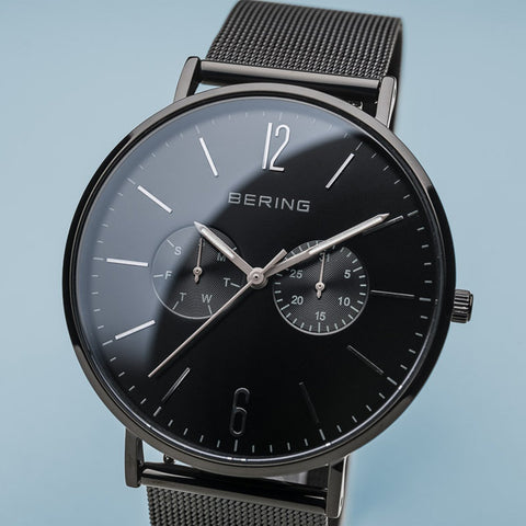 BERING Classic Polished Black Case Day-Date Mesh Band Men's Watch 14240-222