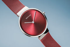 BERING Classic 31mm Polished Silver Milanese Strap Red Women's Watch 14531-303