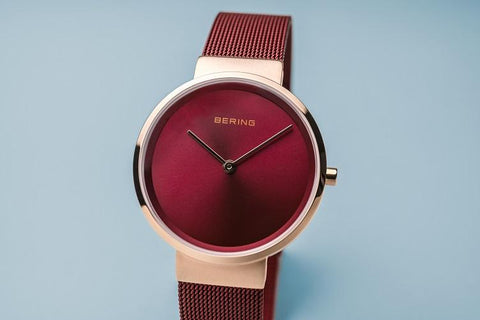 BERING Classic 31mm Polished Rose Gold Milanese Strap Red Women's Watch 14531-363
