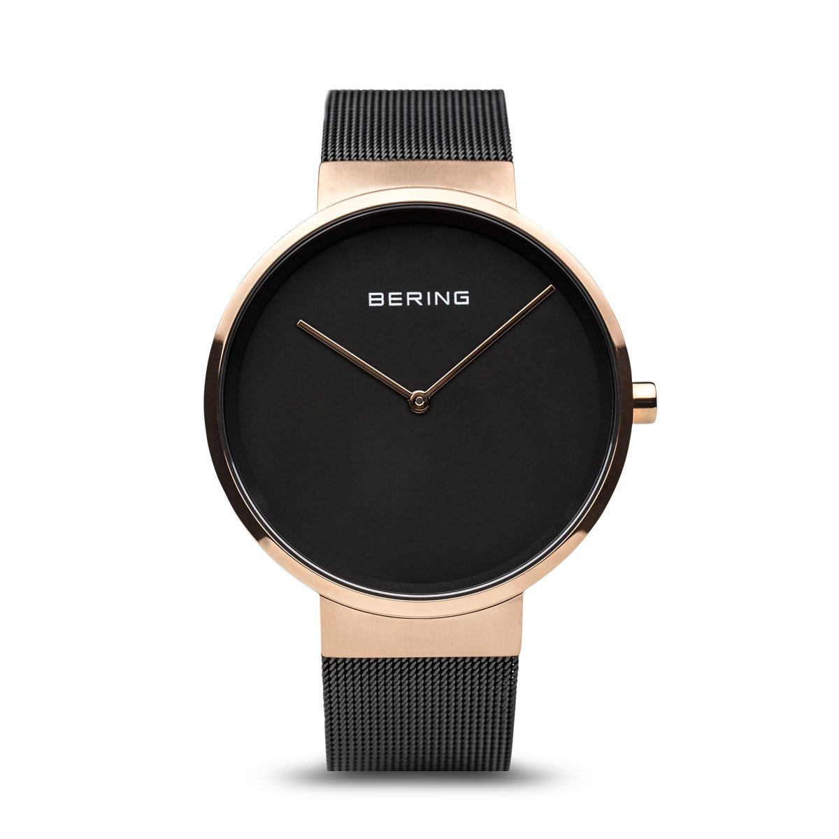 BERING Classic Polished Rose Gold Case Black Mesh Band Unisex Watch 14539-166