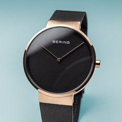 BERING Classic Polished Rose Gold Case Black Mesh Band Unisex Watch 14539-166