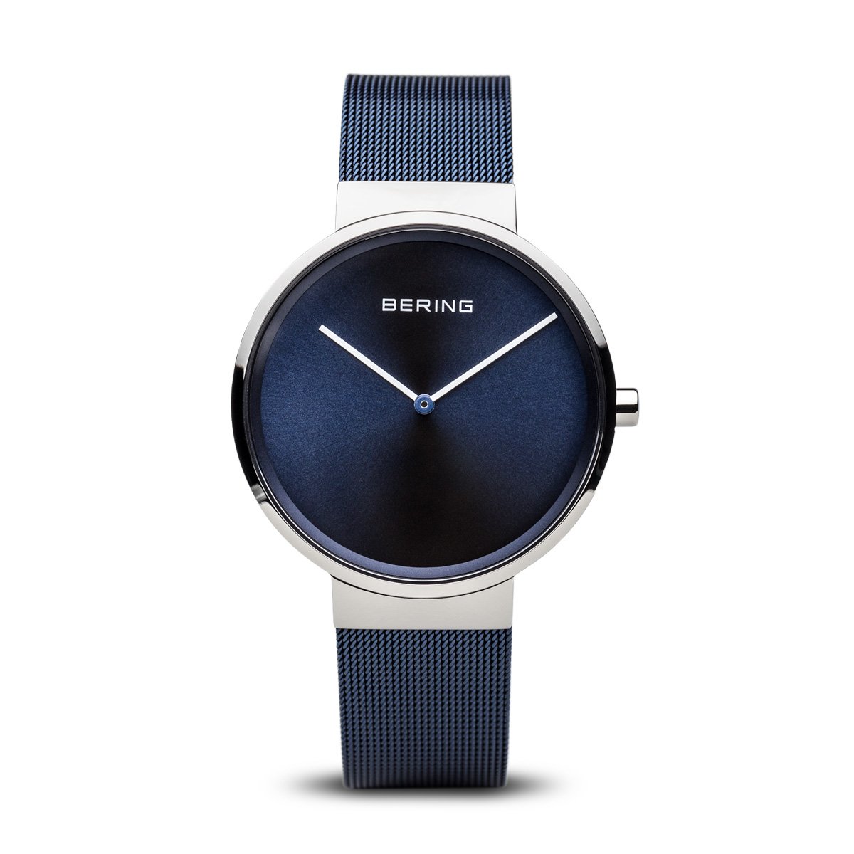 BERING Classic Polished Silver Blue Mesh Band Unisex Watch 14539-307