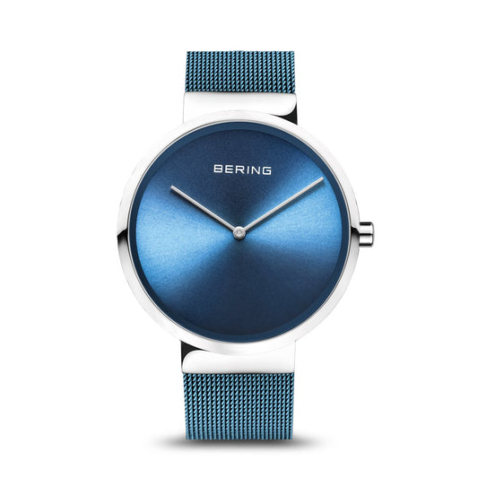 BERING Classic 39mm Polished Silver Milanese Strap Blue Men's Watch 14539-308