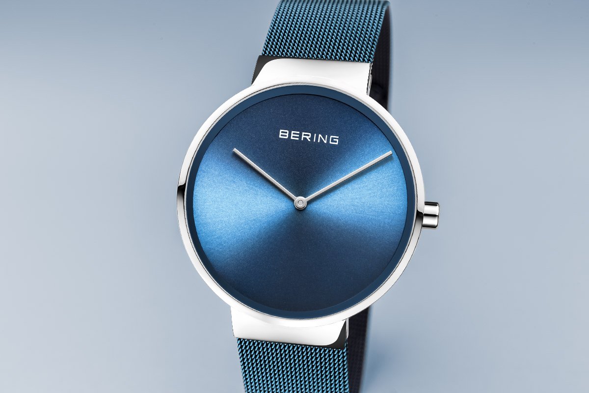 BERING Classic 39mm Polished Silver Milanese Strap Blue Men's Watch 14539-308