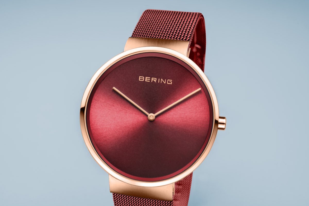 BERING Classic 39mm Polished Rose Gold Milanese Strap Red Men's Watch 14539-363