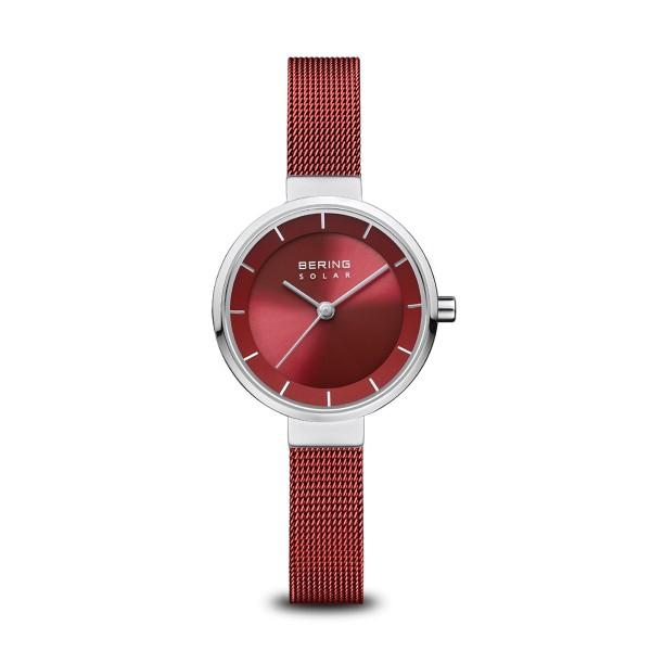 BERING Solar 27mm Polished Silver Milanese Strap Red Women's Watch 14627-303