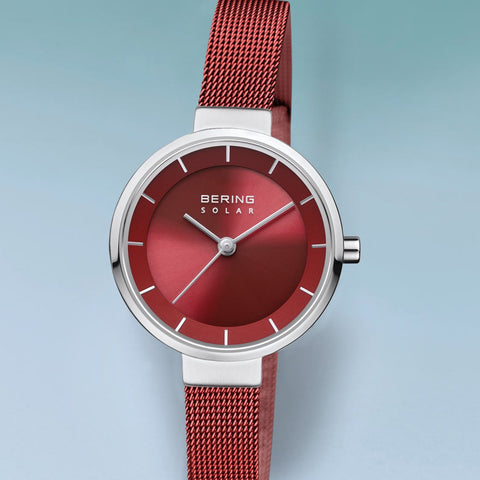 BERING Solar 27mm Polished Silver Milanese Strap Red Women's Watch 14627-303