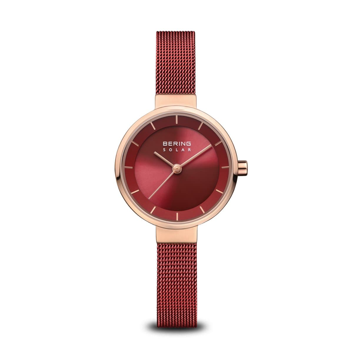 BERING Solar 27mm Polished Rose Gold Red Milanese Strap Women's Watch 14627-363