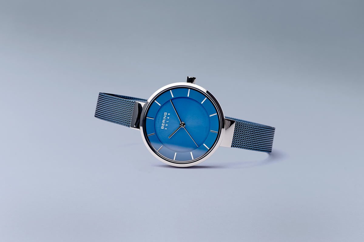 BERING Solar 31mm Polished Silver Blue Mesh Strap Women's Watch 14631-307