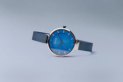 BERING Solar 31mm Polished Silver Blue Mesh Strap Women's Watch 14631-307