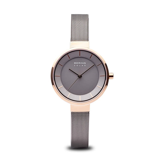 BERING Solar 31mm Polished Rose Gold Grey Mesh Strap Women's Watch 14631-369