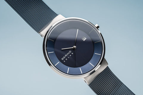BERING Solar Blue Milanese Strap Polished Silver Case Men's Watch 14639-307