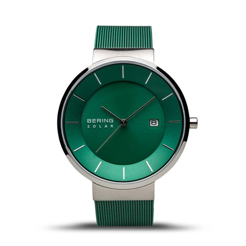 BERING Solar Green Milanese Strap Polished Silver Case Men's Watch 14639-Charity