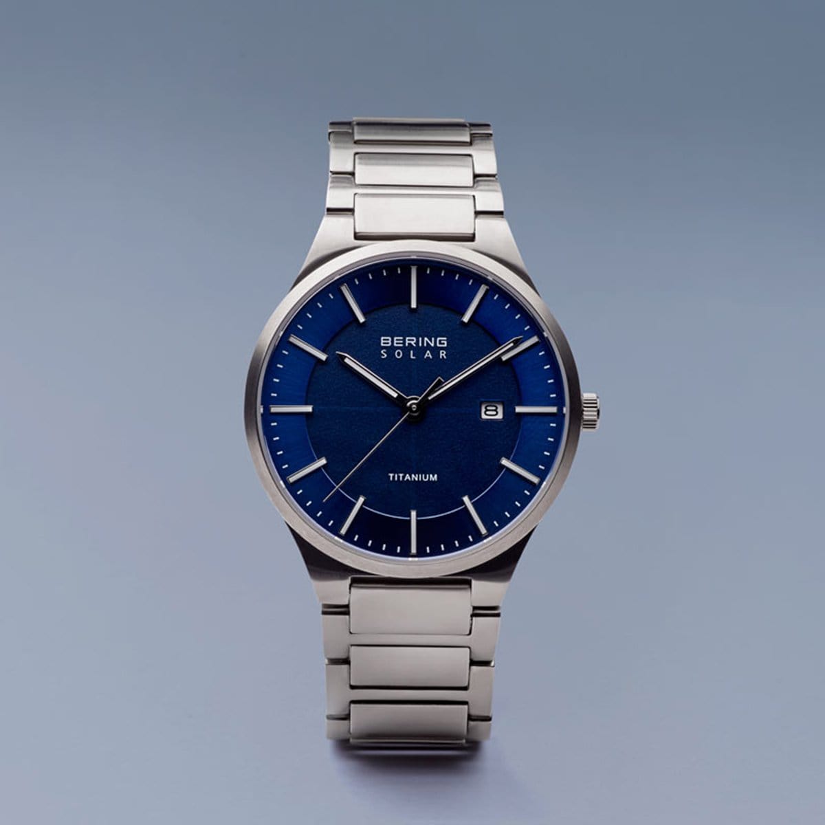 BERING Solar Brushed Silver Titanium Blue Dial Men's Watch 15239-777