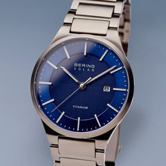 BERING Solar Brushed Silver Titanium Blue Dial Men's Watch 15239-777