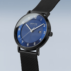 BERING Solar Brushed Black 39mm Blue Dial Men's Watch 15439-327