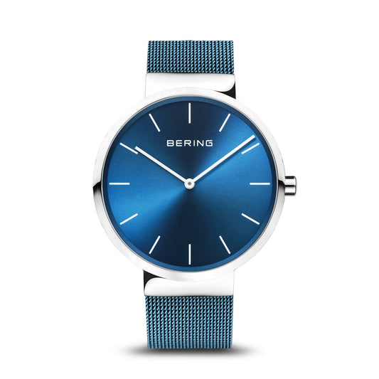 BERING Classic 40mm Polished Silver Milanese Strap Blue Unisex Watch 16540-308