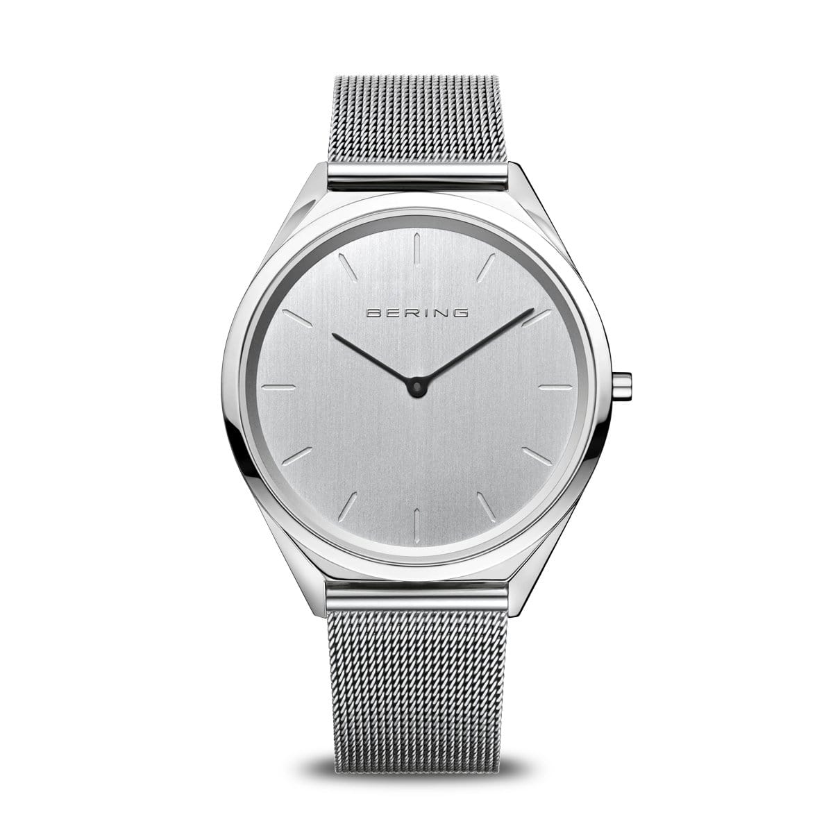 BERING Ultra Slim 39mm Polished Case Silver Mesh Strap Unisex Watch 17039-000