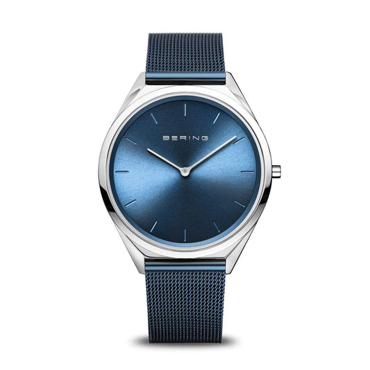 BERING Ultra Slim 39mm Polished Case Blue Mesh Strap Unisex Watch 17039-307