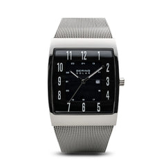 BERING Solar Square Polished Case Silver Mesh Strap Men's Watch 16433-002