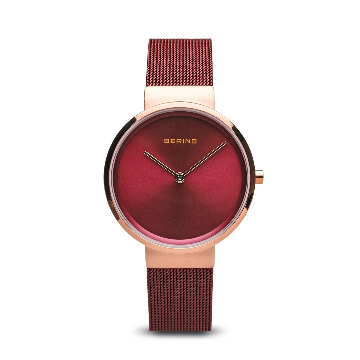 BERING Classic 31mm Polished Rose Gold Milanese Strap Red Women's Watch 14531-363