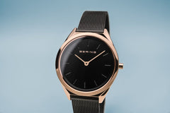 BERING Ultra Slim 31mm Polished Rose Gold Case Black Mesh Strap Women's Watch 17031-166