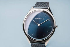 BERING Ultra Slim 39mm Polished Case Blue Mesh Strap Unisex Watch 17039-307