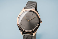 BERING Ultra Slim 31mm Polished Rose Gold Case Grey Mesh Strap Women's Watch 17031-369