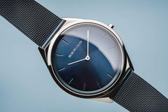 BERING Ultra Slim 39mm Polished Case Blue Mesh Strap Unisex Watch 17039-307
