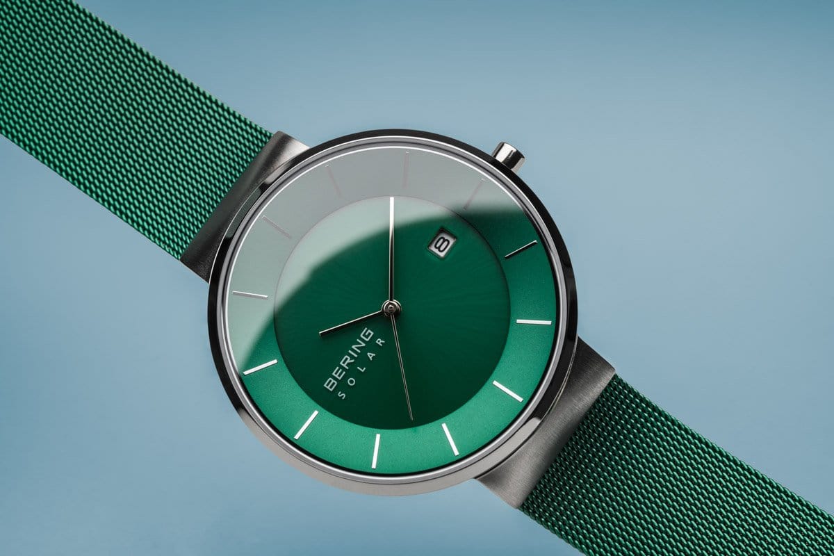 BERING Solar Green Milanese Strap Polished Silver Case Men's Watch 14639-Charity