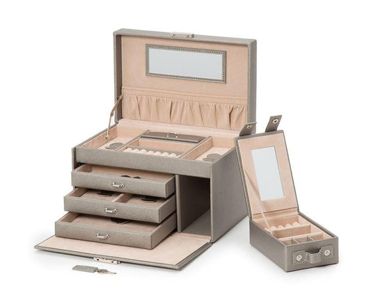WOLF 280034 Pewter Saffiano Heritage Large Jewelry Box With Travel Case