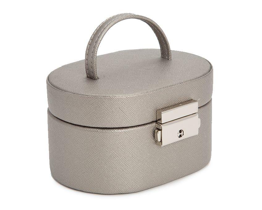 WOLF Heritage Mini Oval Pewter Saffiano Jewelry Box 281434